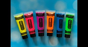 Body Paint - Neon make up - Glow in the dark Face & Body paint - 6 stuks - water washable - neon verf - Glows for hours - paintglow products - Creates its own light - for special effects - 1/2fl:OZ./14.2ml - kleur geel,groen,oranje,blauw,paars,roze -