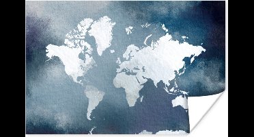 Poster Wereldkaart - Aquarel - Blauw - 30x20 cm