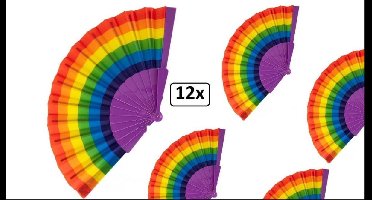 12x Waaier regenboog kleuren - carnaval thema feest gay pride party festival kleuren