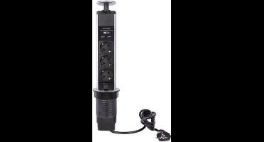 Perel Pop-upstekkerdoos, 3 stopcontacten met randaarde (type F), 2 USB-poorten, montagegat 71 mm, gebruik binnenshuis, zwart/grijs