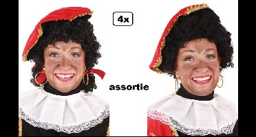 4x Pieten pruik luxe zwart krul en staartjes - verstelbare kap - 2 Assortie - Piet pruik krul luxe zwart Sint themafeest