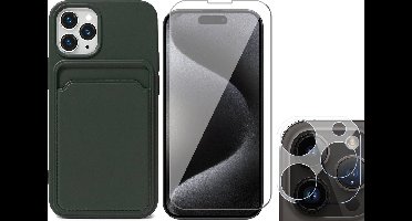 Hoesje Pasjeshouder geschikt voor iPhone 15 Pro - Screenprotector GlassGuard + Camera Lens Screen Protector - Siliconen Case Back Cover Groen