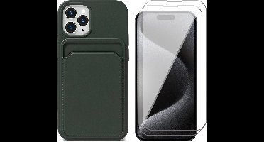 Hoesje Pasjeshouder geschikt voor iPhone 15 Pro - 2x Screenprotector GlassGuard - Siliconen Case Back Cover Groen & Screen Protector