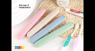 *** Set van 4 Tandenborstels - Reis Kokers - Tandenborstel houder - Beschermer - Opberg - Case - Reizen - 4 Kleuren - van Heble® ***