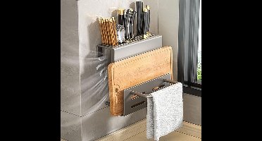 Messenblok Zonder Messen, Roestvrijstalen Keukenmeshouder en Gebruiksvoorwerp, Messenrek Keuken Bestekhouder, Wandgemonteerde Messenorganizer, Opslag Rekwisieten Snijplank Rek (Rookgrijs)