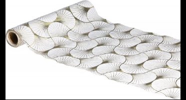 Chaks Tafelloper op rol - 2x - ginkgo print - wit/grijs - 28 x 300 cm - polyester