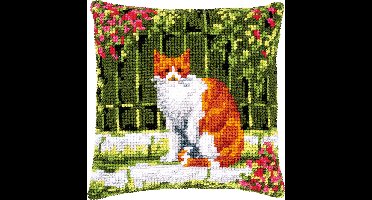 Vervaco - Kruissteekkussen kit - Poes tussen bloemen - PN-0184400 - Borduren - Borduurpakket - Borduurpakket volwassenen - Borduurpakket kind