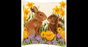 Vervaco - Kruissteekkussen kit - Pasen - Konijnen met kuikentjes - PN-0183143 - Borduren - Borduurpakket - Borduurpakket volwassenen - Borduurpakket kind