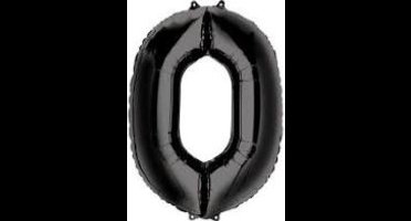 Folie ballon XL cijfer 0 zwart kleur is 1 meter  groot inclusief een flamingo sleutelhanger