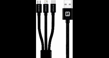 Swissten 3 in 1 kabel - Micro USB / USB-C / Lightning MFI Gecertificeerd Kabel - 1.2M - Zwart