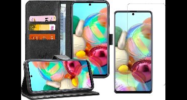 Hoesje geschikt voor Samsung Galaxy A71 - Screen Protector GlassGuard - Book Case Kunstleer Pasjeshouder Zwart & Screenprotector