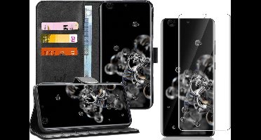 Hoesje geschikt voor Samsung Galaxy S20 Ultra - Screen Protector FlexGuard - Book Case Kunstleer Pasjeshouder Zwart & Screenprotector