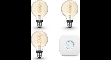 Philips Hue Starterspakket - E27 - met 3 Filament Globelampen Klein (G93) - Warmwit Licht - Incl. 1 Hue Bridge - Hue White Filament