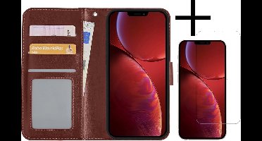 Hoesje - Met Screenprotector - Geschikt voor Apple iPhone 14 - Luxe Pasjeshouder - Bookcase Portemonee - Flip Case - Kunstleer Book Case - Flipcase - Book Cover - Walletcase - Portemonneehoes - Bruin