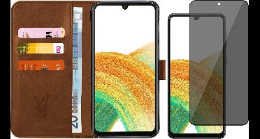 Hoesje geschikt voor Samsung Galaxy A33 - Book Case Kunstleer Wallet Cover Portemonnee Pasjeshouder Hoes Bruin - Tempered Glass Privacy Screenprotector
