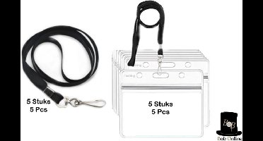 Bob Online ™ - 5 Stuks – Horizontaal PVC ID Badgehouders + 5 Stuks Lanyards – Waterdichte Plastic ID Badgehouders – ID-Kaarthouder – Plastic ID-Kaarthouders – Transparant ID-Badgehouder – PVC Horizontal ID Badge Holders x 5 – Lanyards Black x 5