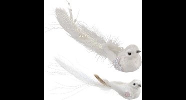 Christmas Decoration kersthangers - 2x - wit - vogeltje - op clip - 16,5 cm - kunststof - kerstversiering