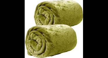 Plaids/dekens - fleece - 2 stuks - mosgroen - polyester - 130 x 180 cm