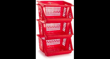 Plasticforte Opbergkrat - 3x - rood - 3 vakken - 62 cm - Stapelkratten - Stapelbare manden