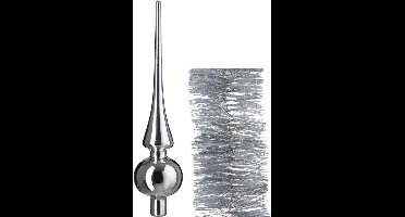 Kerstversiering glazen piek glans 26 cm en glitter folieslingers pakket zilver van 3x stuks - Kerstboomversiering