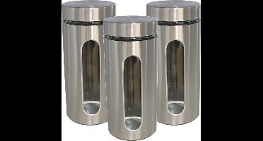 Gerimport Voorraadpot - 3x stuks - voedsel bewaren - zilverkleurig - RVS - deksel - 1300 ml