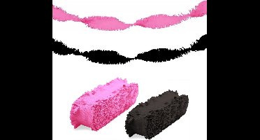 Folat versiering feest slingers - combi set - roze en zwart - 24 meter - crepe papier - feestartikelen