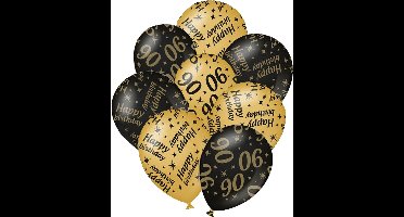 Verjaardag ballonnen - 90 jaar en happy birthday 12x stuks zwart/goud