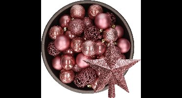 Kerstballen 37x stuks 6 cm - met ster piek - oudroze - kunststof