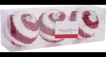 Home & Styling Kerstballen - 3 ST - rood / wit - gedecoreerd - kunststof - 8 cm