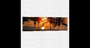 WallClassics - Muursticker - Palmbomen op het Strand bij Zonsondergang - 120x40 cm Foto op Muursticker