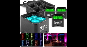 Uplighter - BeamZ BBP90 set van 4 accu Uplights - Met tas en afstandsbediening - Kleur en blacklight
