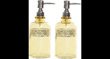 2x stuks zeeppompjes/zeepdispensers geel transparant glas 400 ml - Badkamer/keuken zeep dispenser