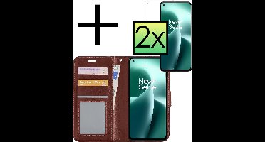 Hoesje - Met 2x Screenprotector - Geschikt voor OnePlus Nord 2T - Luxe Pasjeshouder - Bookcase Portemonee - Flip Case - Kunstleer Book Case - Flipcase Hoes - Book Cover - Walletcase - Portemonneehoes - Bruin