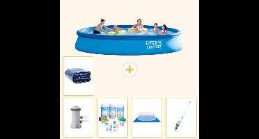 Intex Rond Opblaasbaar Easy Set Zwembad - 457 x 84 cm - Blauw - Inclusief Pomp - Onderhoudspakket - Grondzeil - Stofzuiger - Solarzeil - 6-delig