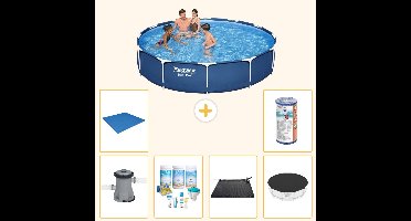 Bestway Rond Steel Pro Zwembad - 366 x 76 cm - Blauw - Inclusief Pomp - Onderhoudspakket - Solar Mat - Afdekzeil - Grondzeil - Filter - 7-delig