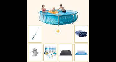 Intex Rond Frame Zwembad - 305 x 76 cm - Waterprint - Inclusief Pomp - Onderhoudspakket - Solar Mat - Grondzeil - Stofzuiger - Solarzeil - 7-delig