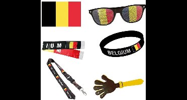 België Voetbal Supporterskit/Feestartikelen voor WK 2026 – Complete Fan Party Feest Set met Vlag, Bril, Clapper, Sjaal, Armband en Keycord