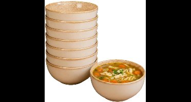 Excellent Houseware Soepkom Kenji - set van 8x - beige - 14 x 7 cm - keramiek - schaaltjes - 580 ml