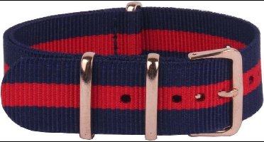 Premium Navy Blue Red - Nato Strap - Horlogeband Blauw Rood - 22mm Rose Gouden Gesp