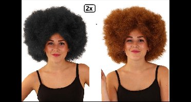 2x Super Afro pruik zwart en bruin