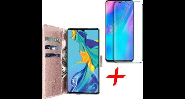 Hoesje geschikt voor Huawei P30 + Screenprotector Tempered Glass - Kunstlederen TPU Book Case Portemonnee Flip Wallet - Roségoud