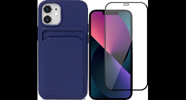 Hoesje geschikt voor iPhone 12 / 12 Pro Pasjeshouder Blauw - Siliconen Case Back Cover + Full Screen Protector Glas Screenprotector
