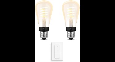 Philips Hue Uitbreidingspakket - E27 - met 2 Filament Edisonlampen Klein (ST64) - Warm tot Koelwit Licht - Incl. 1 Hue Dimmer Switch - Hue White Ambiance Filament