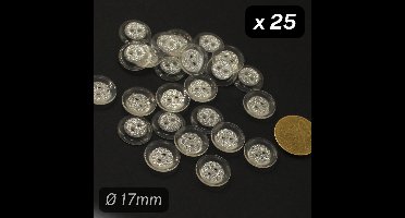 25 Stuks POLYESTER KNOPEN met GLITTER, Maat 17MM, 2 Gaatjes, Kleur ZILVER/TRANSPARENT