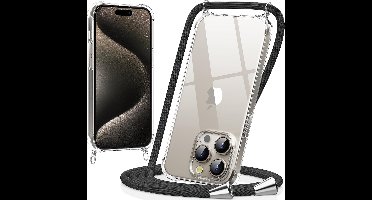 Hoesje met koord - ketting - Draagriem voor Schouder / Nek - Schouder tas - Geschikt voor: iPhone 15 Pro Max - transparant