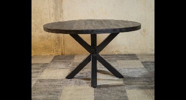 Meubelplaats Ronde Zwarte Mango Eettafel Black Spider 150 cm - Industrieel Design - Massief zwart Mangohout