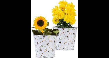 Esschert Design Emmer/plantenpot/bloempot Happy Bee - 2x - zink - L15 x D16 X H14 cm