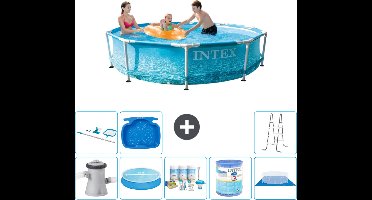 Intex Rond Frame Zwembad - 305 x 76 cm - Waterprint - Inclusief Pomp Solarzeil - Onderhoudspakket - Filter - Grondzeil - Schoonmaakset - Ladder - Voetenbad