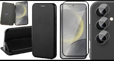 Hoesje geschikt voor Samsung Galaxy S24 Plus - Screenprotector Volledig Dekkend Glas & Camera - Wallet Book Case Zwart