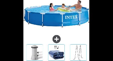 Intex Rond Frame Zwembad - 366 x 76 cm - Blauw - Inclusief Zwembadfilterpomp - Solarzeil - Ladder
